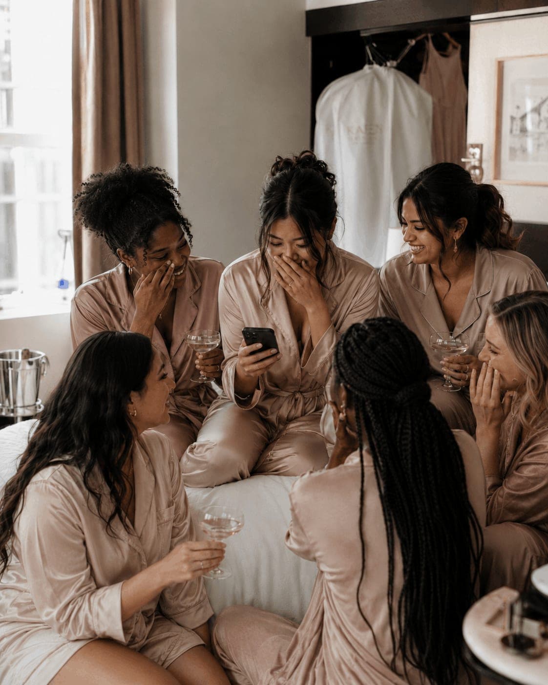 Bridesmaids laughing together before a wedding
